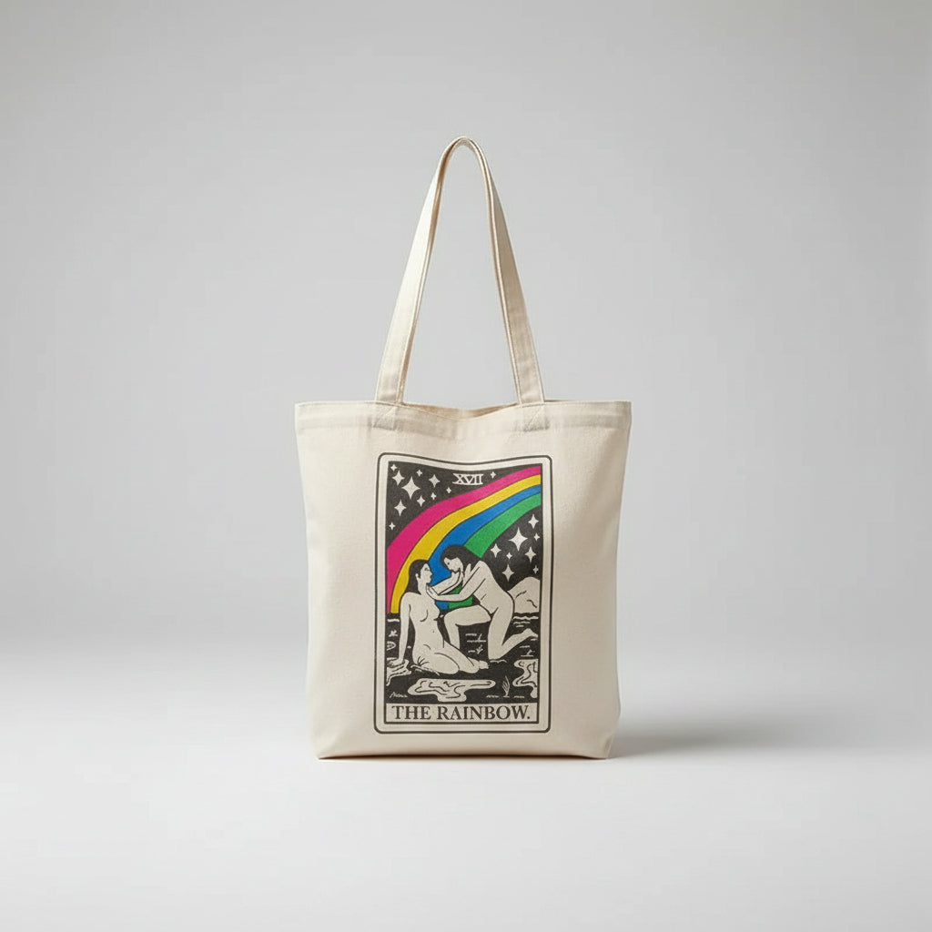 Sapphic Tarot Tote Bag — Witchy WLW Pride Bag in beige canvas with tarot card artwork