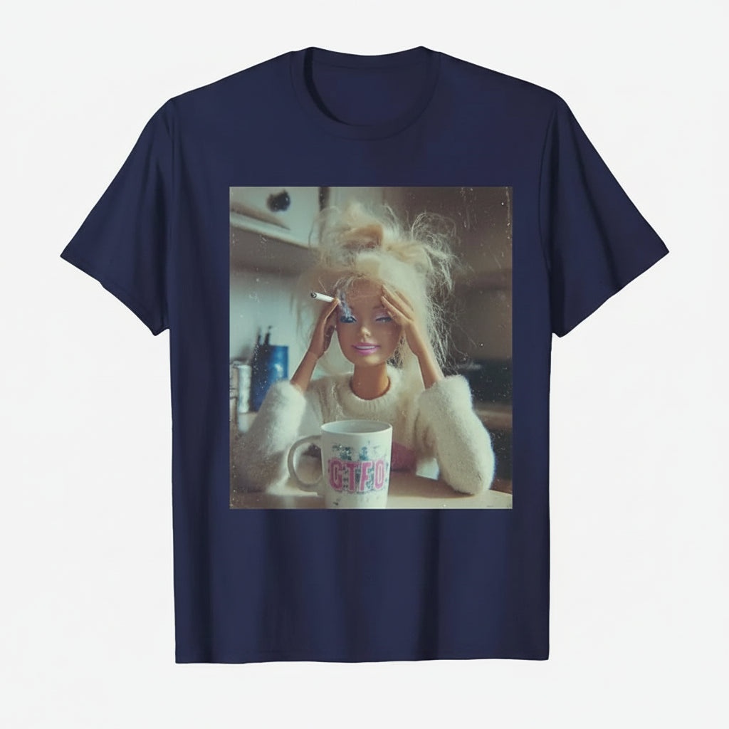 Navy blue t-shirt with a graphic of a person with a coffee mug on a white background